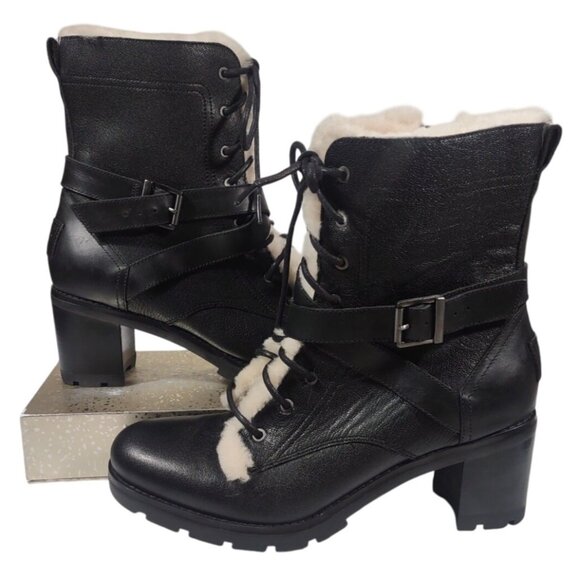 NWOB Ugg Ingrid Black Combat Biker Boots Shearling Lined Trim Utility 9.5 Goth - Picture 1 of 7